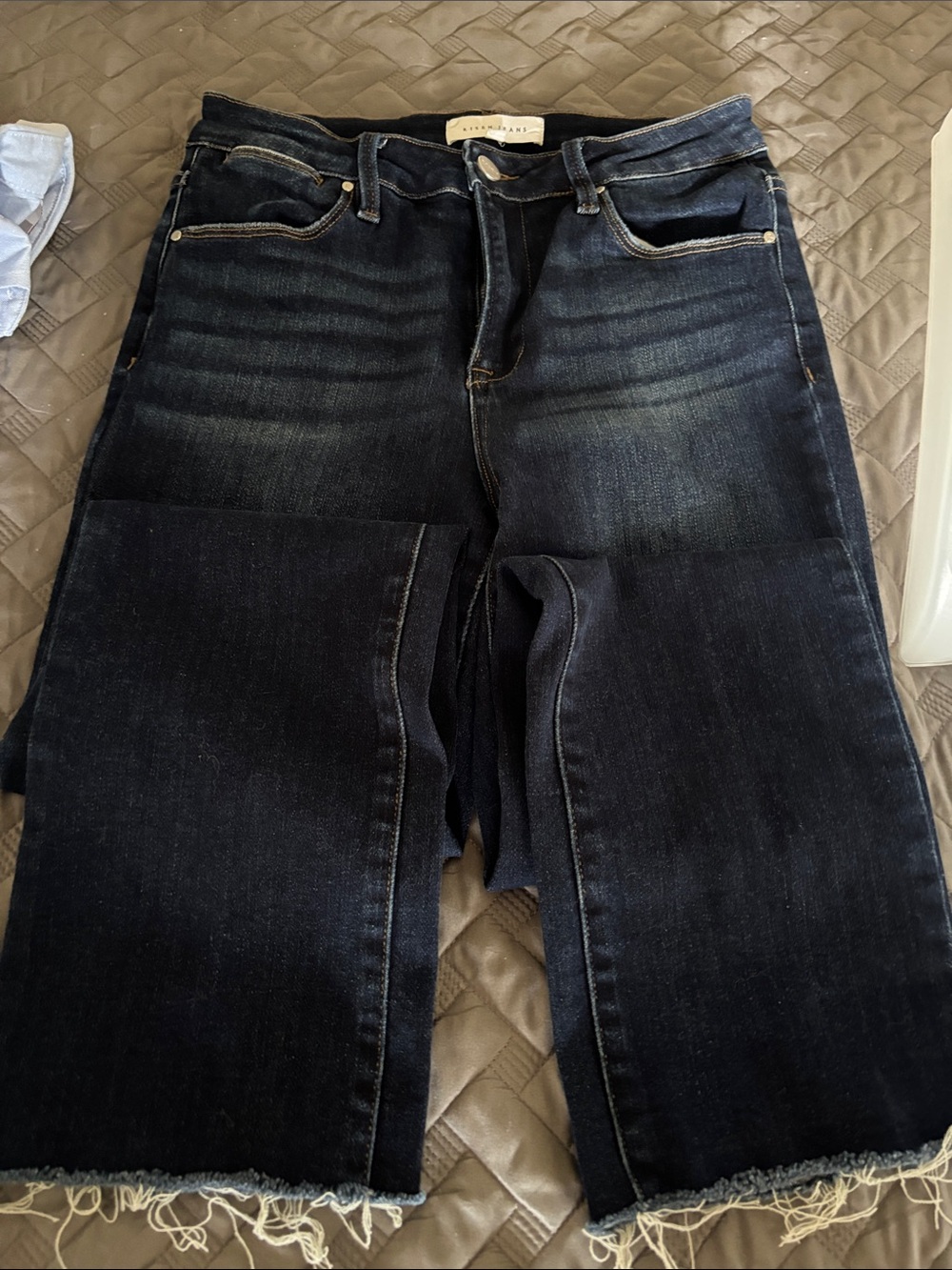 Risen Dark Blue Raw Hem Straight Jeans